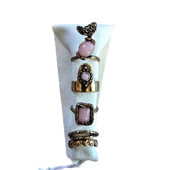 Free People Pink Stone & Gold Ring Set | NWT | Boho Stackable Rings - Picture 2 of 4